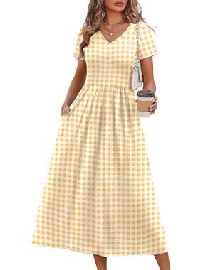 Women's Yellow White Flowy Casual A Line Midi Beach Sundresses With Pocket